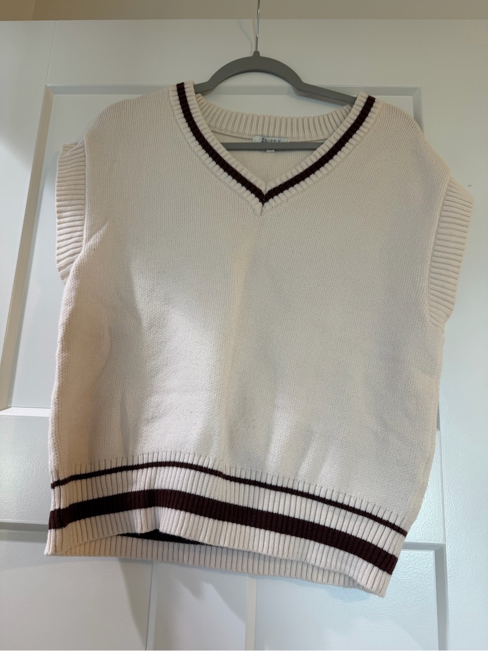 Z Supply Cream V-Neck Sweater Vest with Brown Stripe Trim